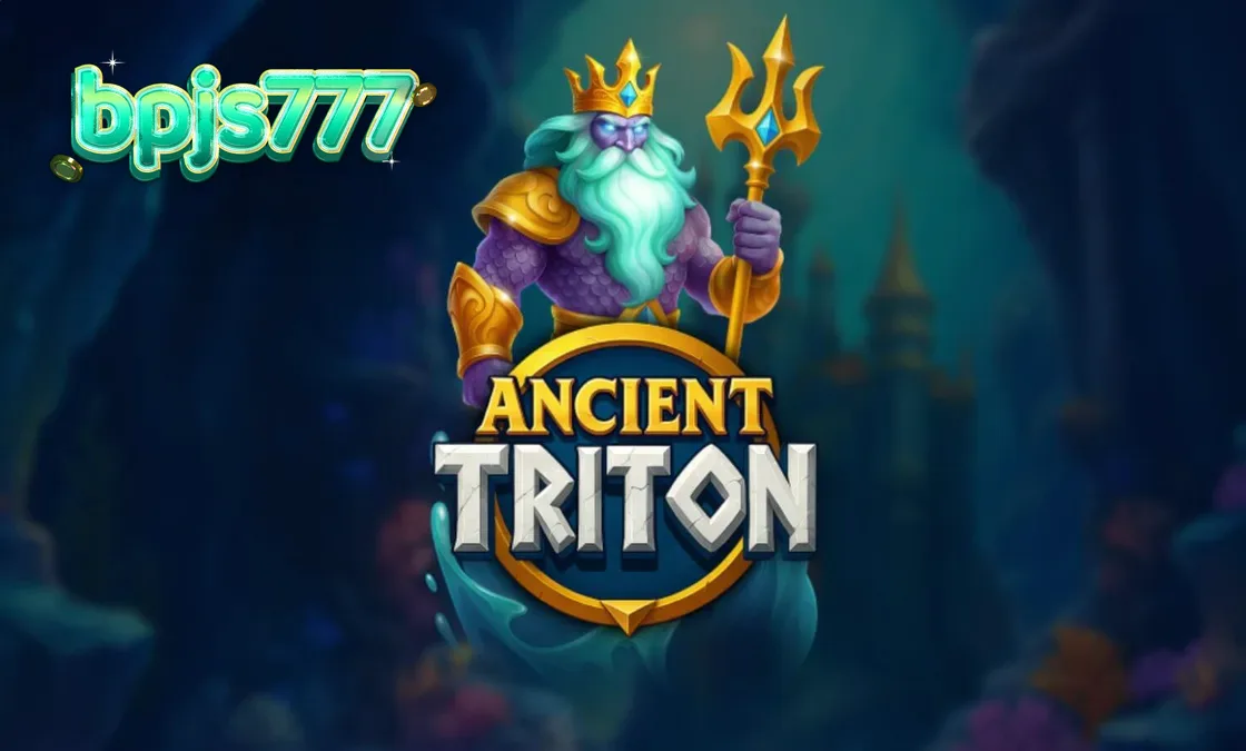 Pemandangan visual slot Ancient Triton dengan latar belakang istana bawah laut dan dewa Triton.